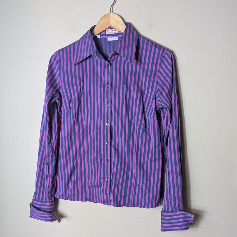 Thomas Pink Cufflink Button-down Purple Pink Stripe Shirt US8 EUR12